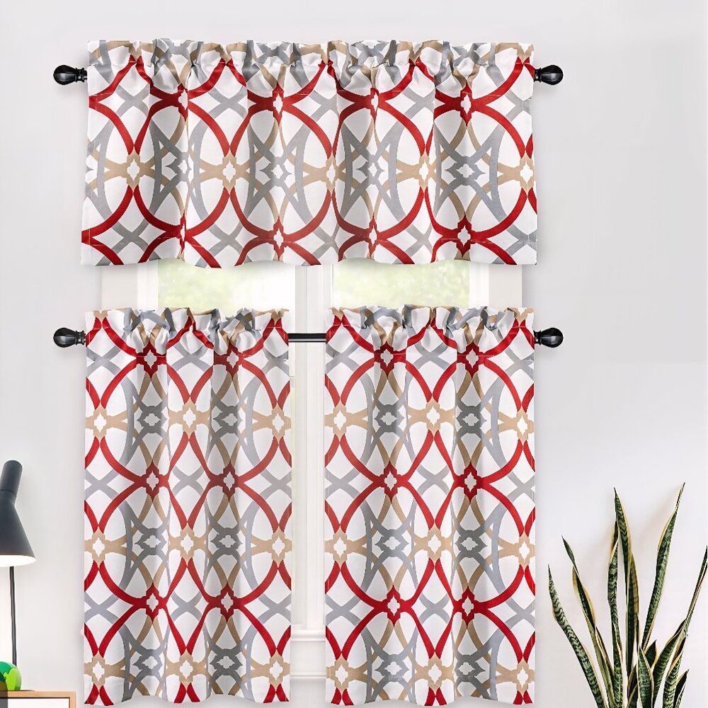 Alexander Spiral Geo Trellis Window 3 pcs Set Curtain Kitchen Valance Rod Pocket
